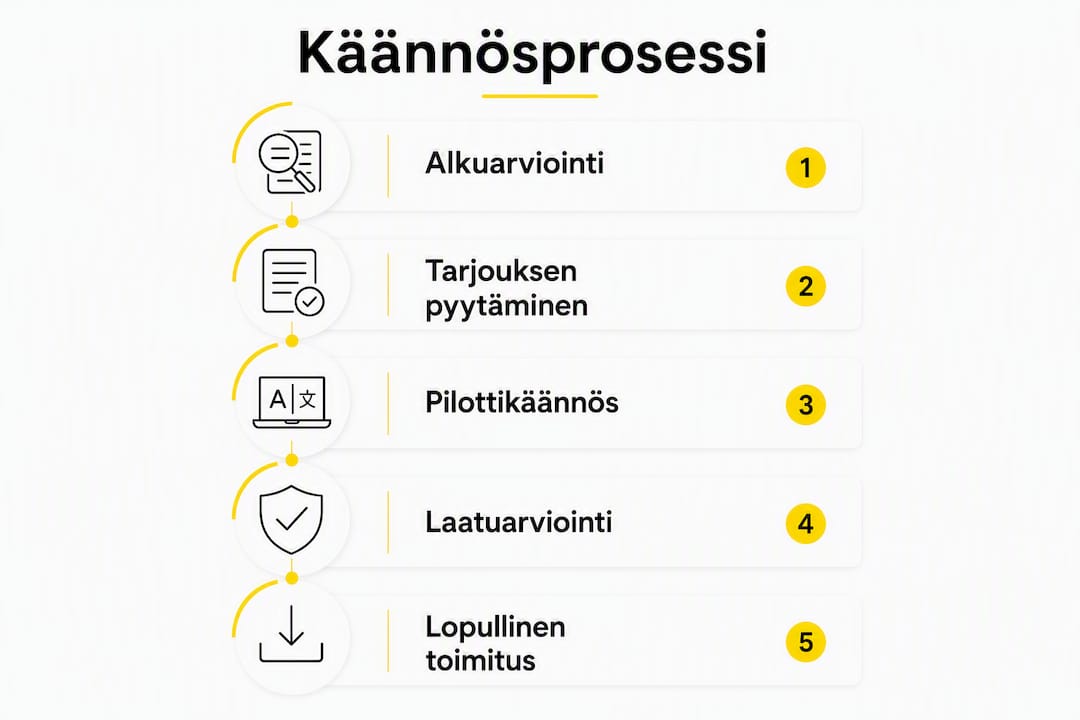 Kuvallinen esitys käännöstyön eri vaiheista
