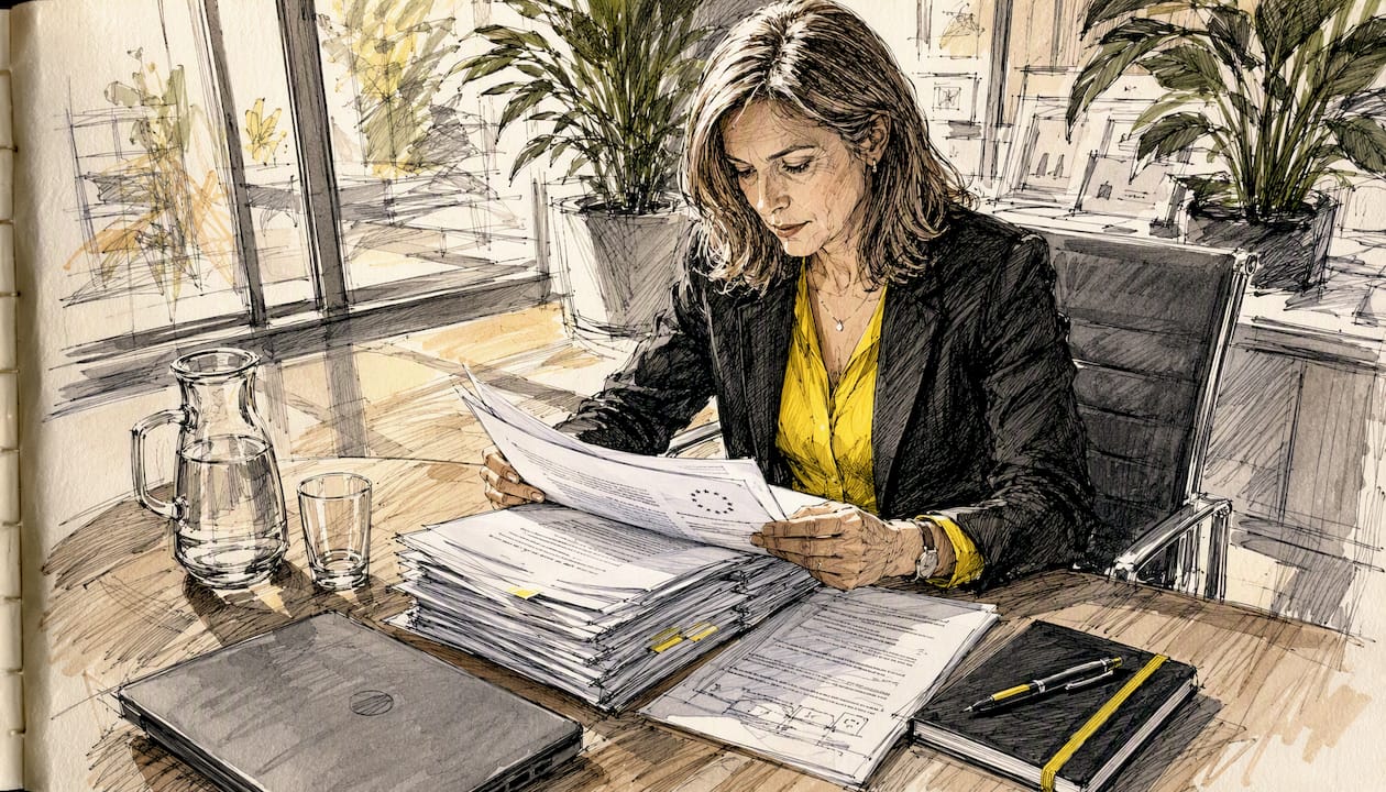 Ein Schreibtisch im Büro, auf dem ein Compliance-Dokument zusammen mit Stift und Block bereitliegt.