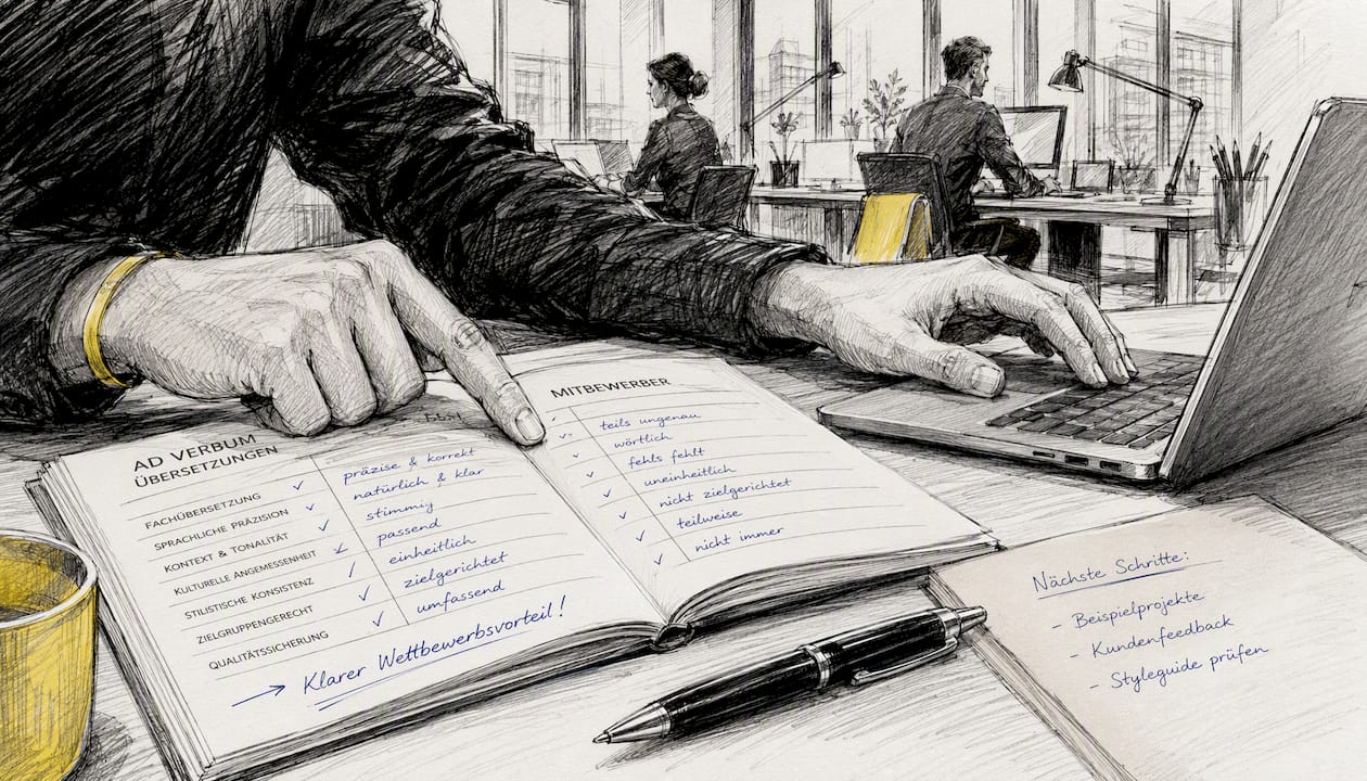 Jemand arbeitet im Coworking-Space und vergleicht aufmerksam zwei Dokumente mit einem Stift in der Hand.