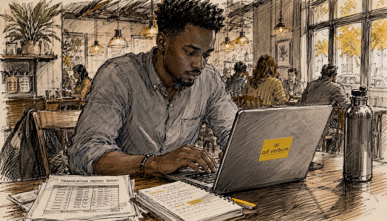 Man typing at translation software workstation