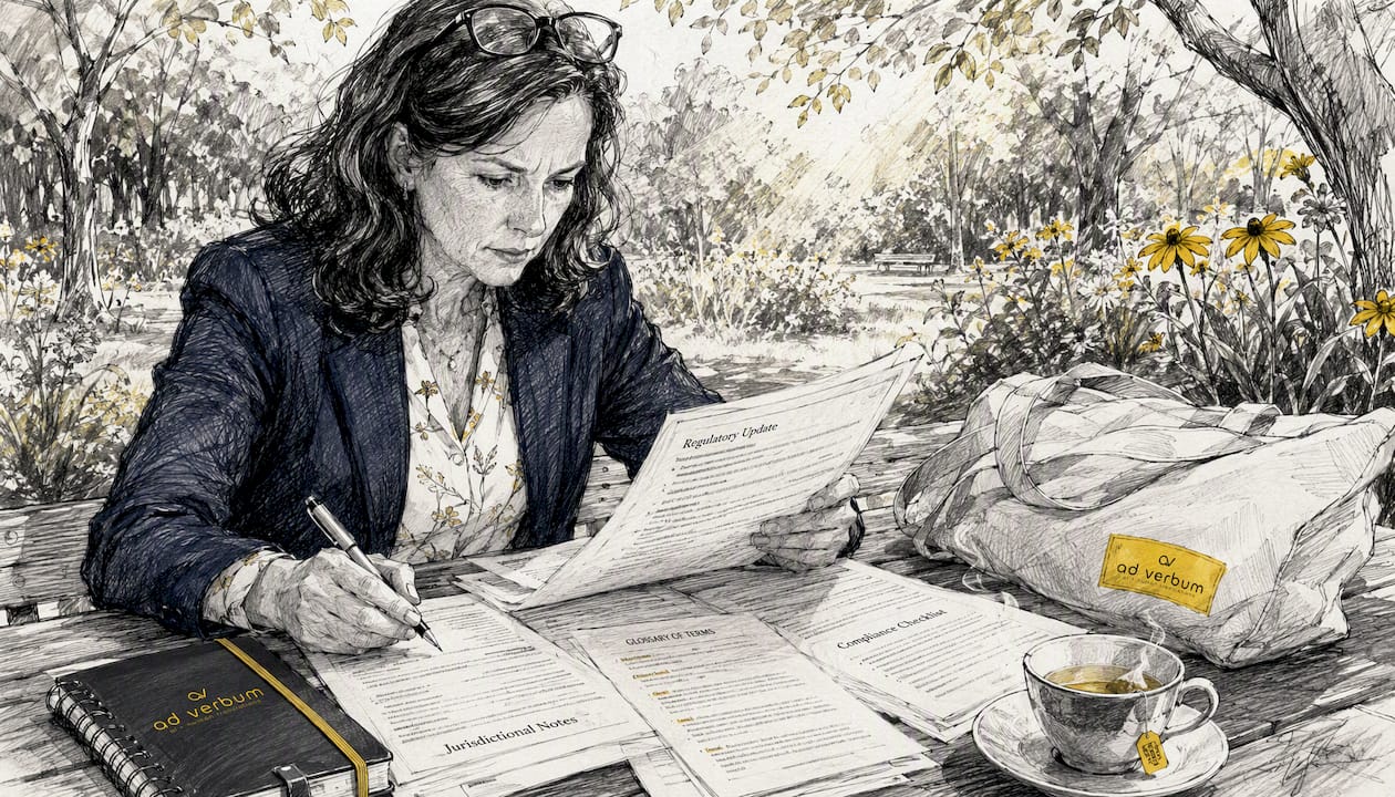 Woman reviewing terminology documents outdoors