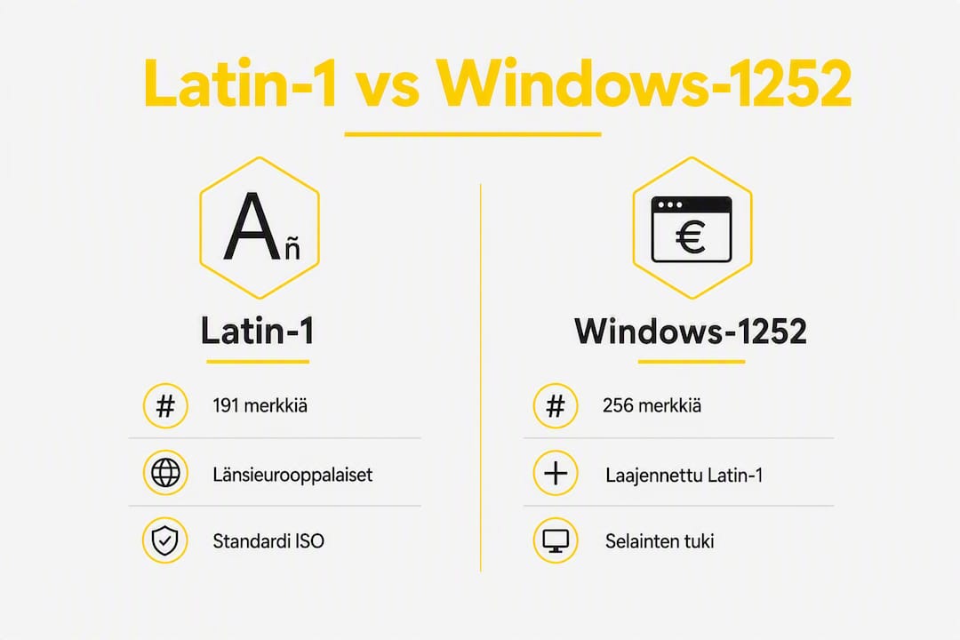 Havainnollistava kuva, jossa vertaillaan Latin-1- ja Windows-1252-merkistöjä