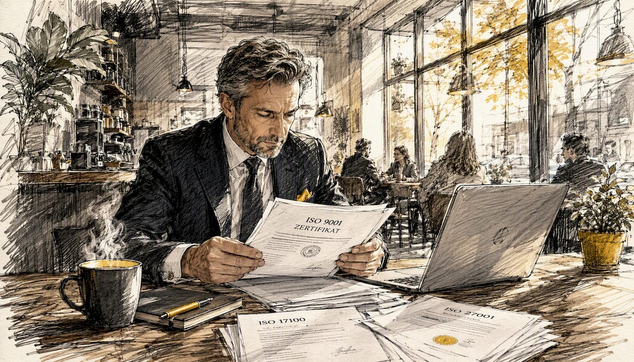 Im Büro überprüft ein Mitarbeiter die ISO-Dokumentation zur Lokalisierung.