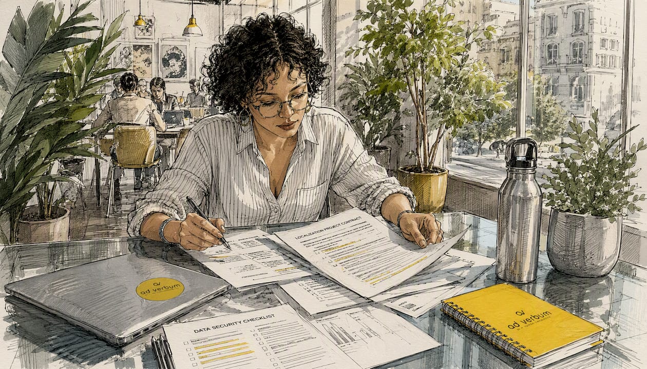 Analyst reviewing localization data security documents