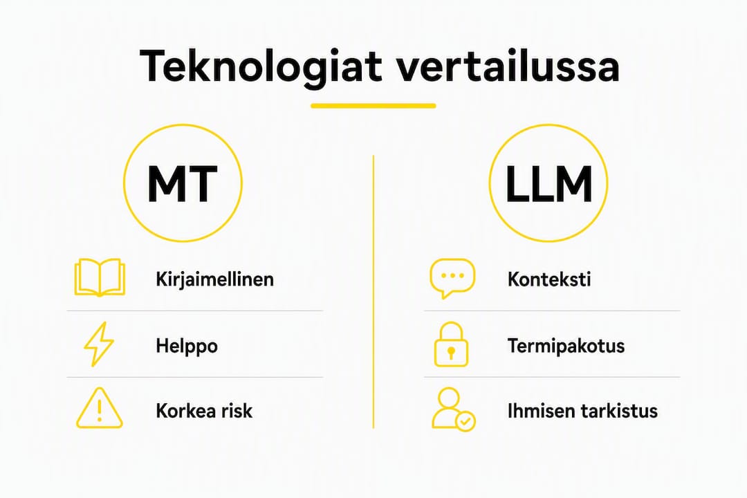 Infografiikassa tarkastellaan, miten MT- ja LLM-teknologiat eroavat toisistaan.