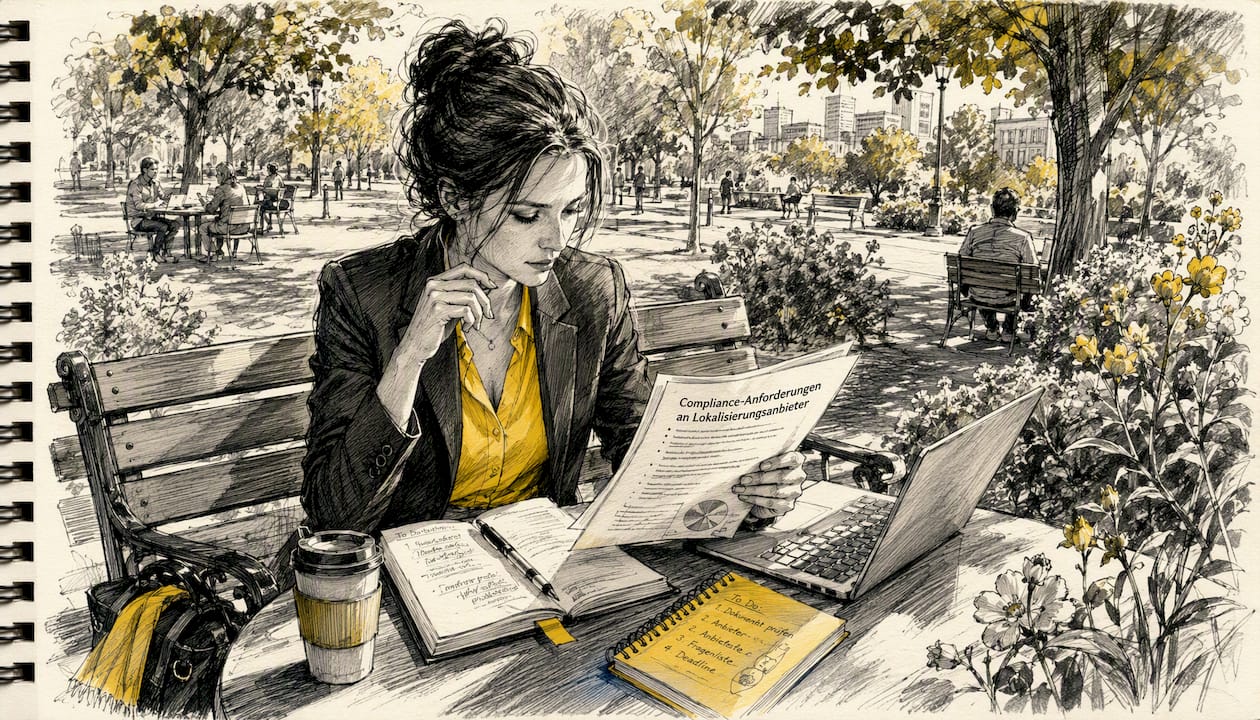 Eine Frau sitzt im Café und prüft sorgfältig Unterlagen zur Lokalisierung.