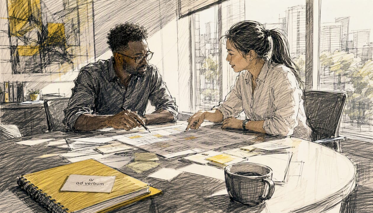 Two colleagues discussing terminology management in café