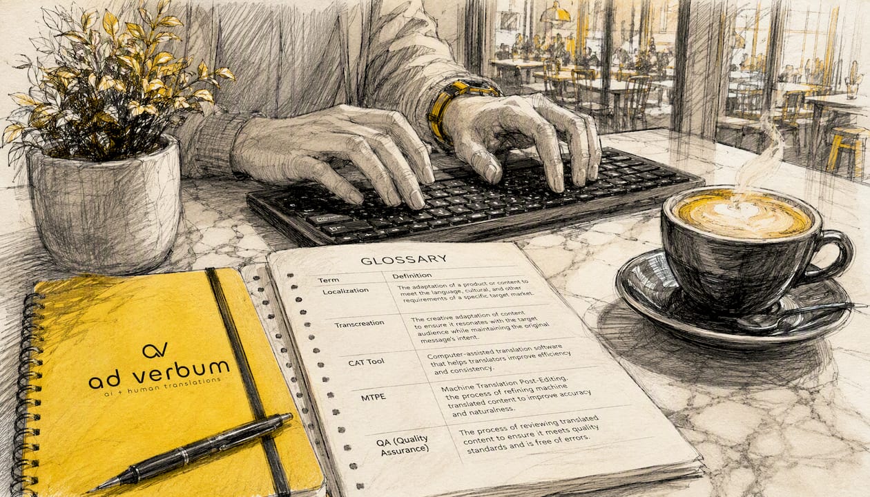 Hands typing on keyboard near glossary sheet at home