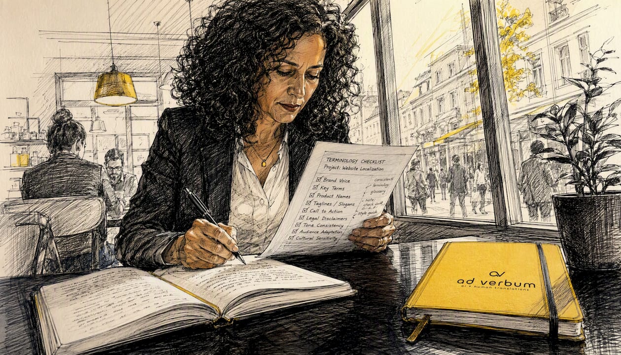 Woman reviewing terminology checklist at desk
