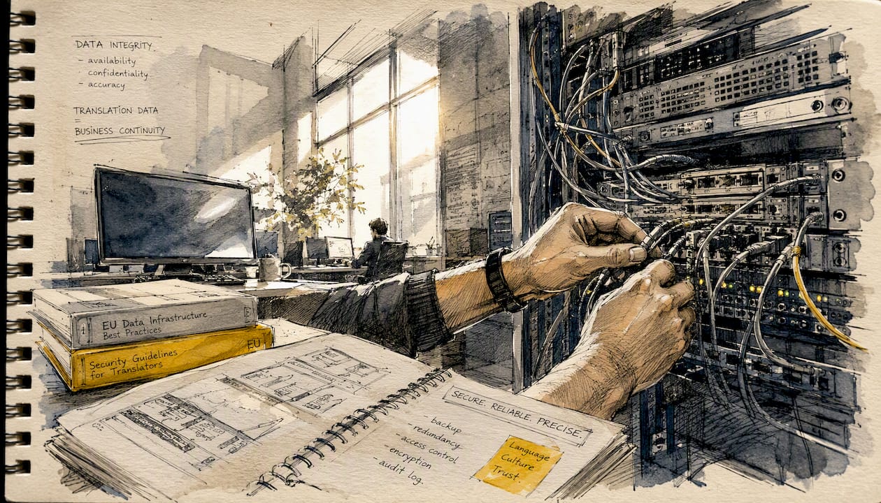Techniker ordnen und verwalten Kabel in einem europäischen Rechenzentrum.