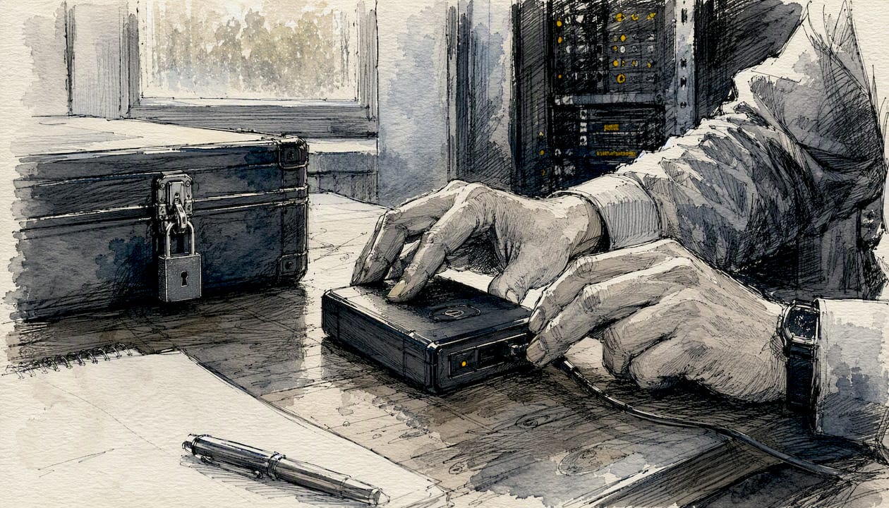 Hands with secure data device and briefcase