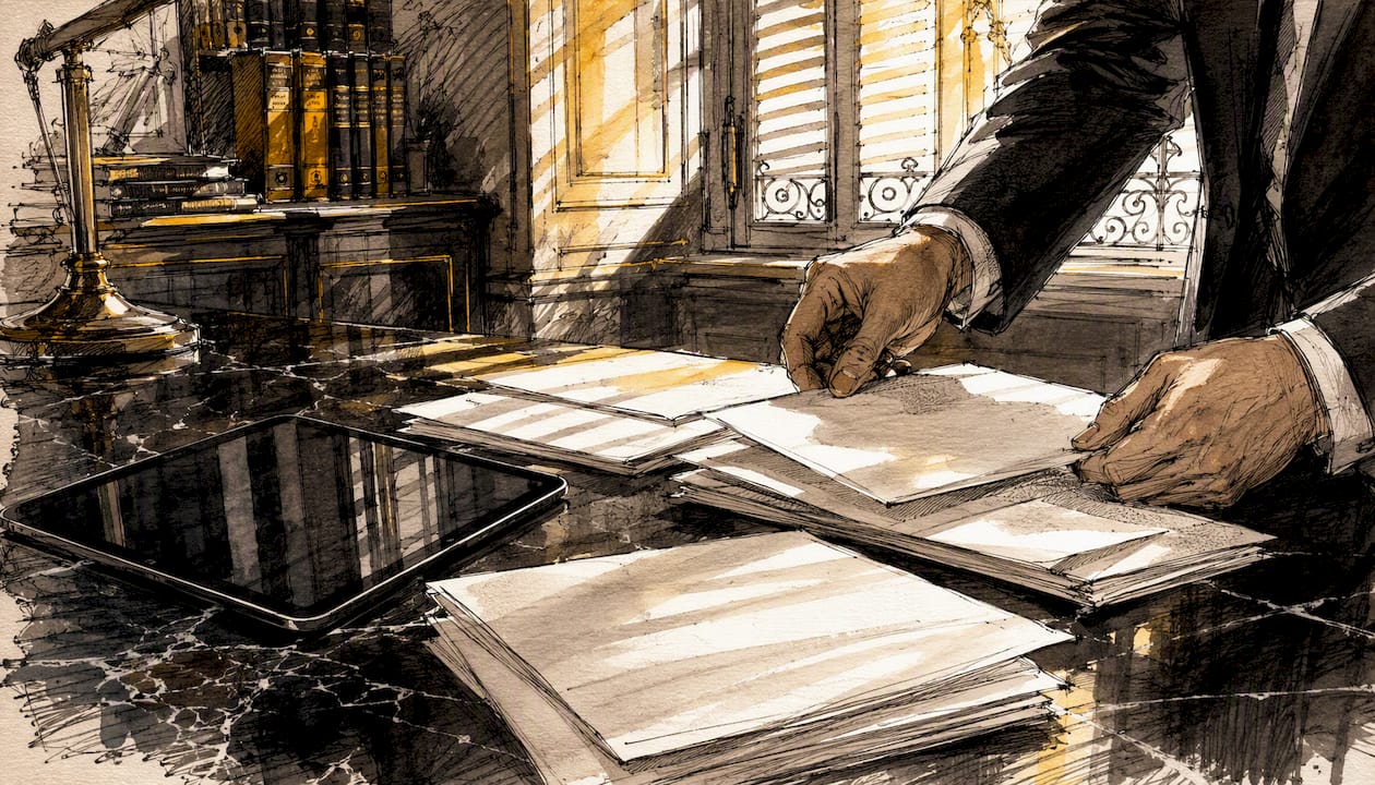 Hands arranging legal documents on desk