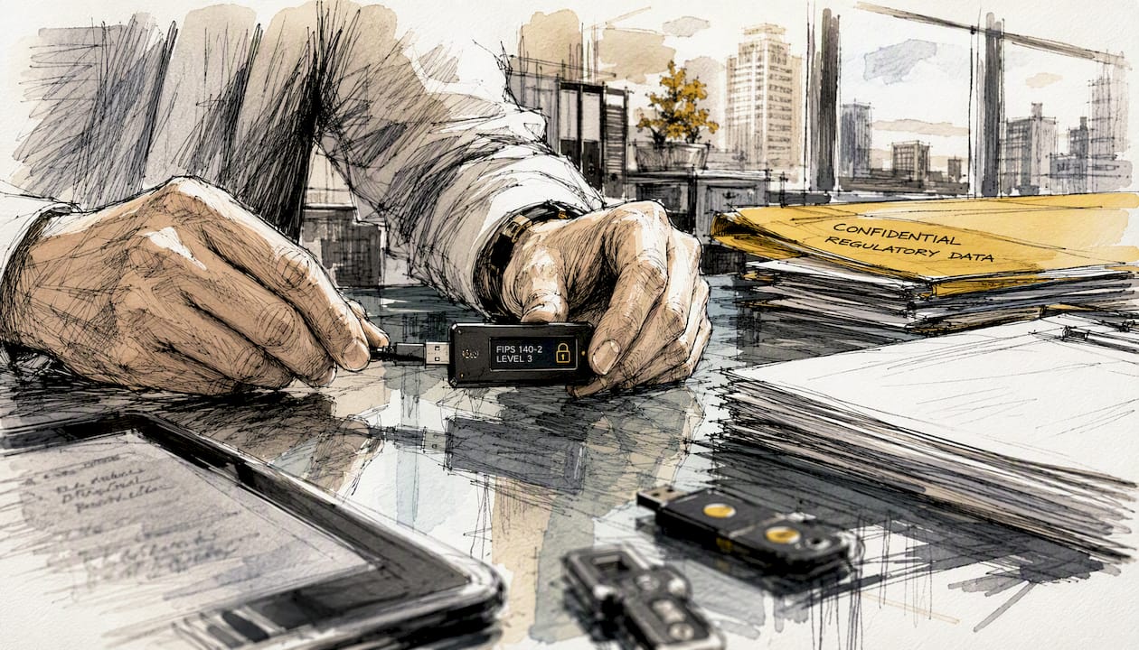 Hands connecting encryption device in secure office