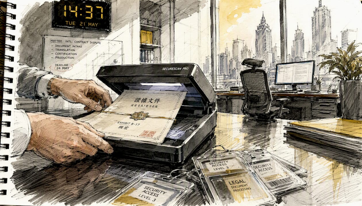 Hands scanning foreign-language document securely