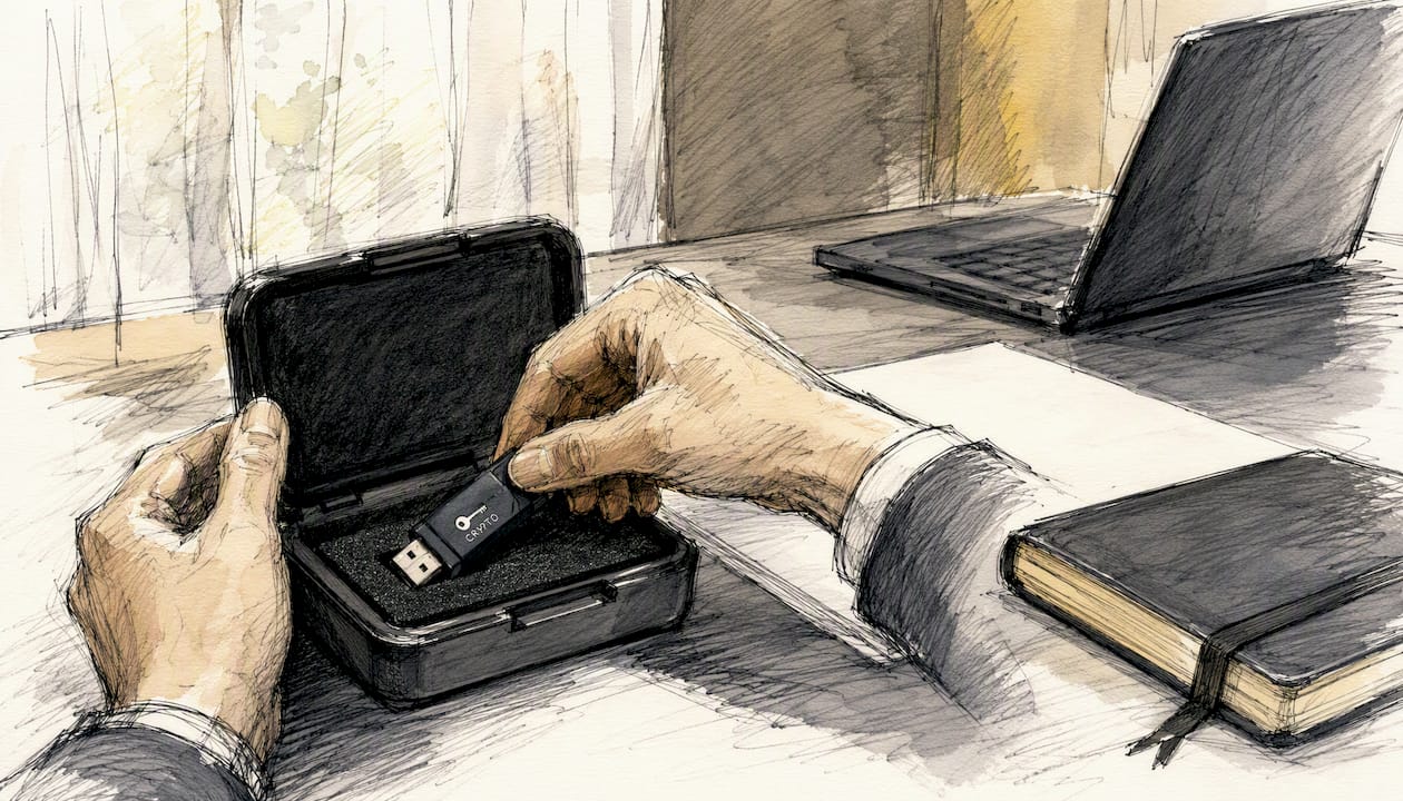 Hands securing audit package with cryptographic key