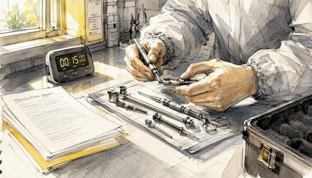 Hands preparing medical device translation workspace