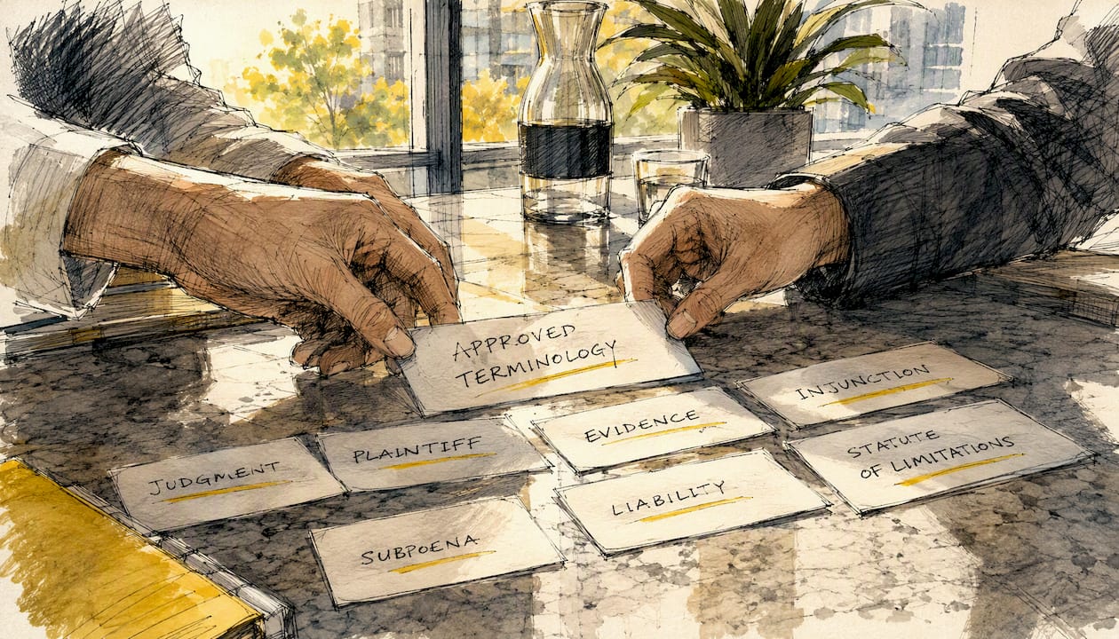 Hands arranging approved terminology cards in office