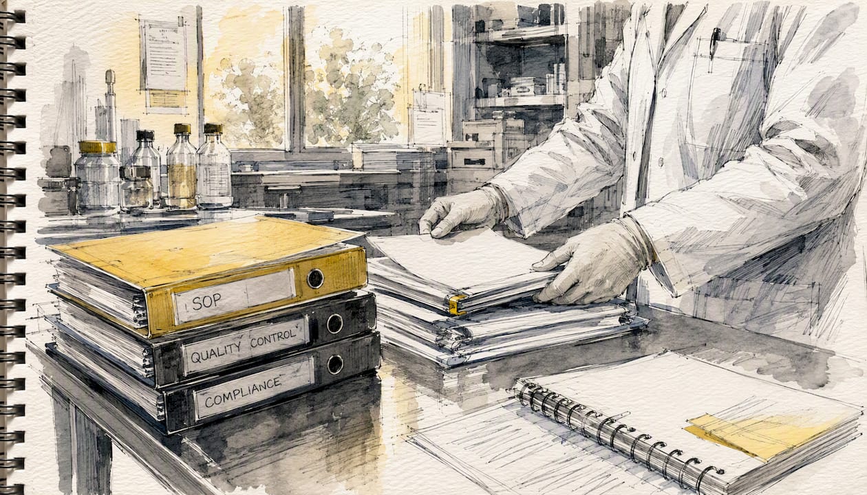 Hands tagging SOP documents on desk