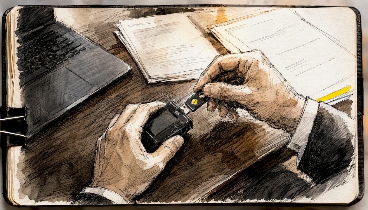Hands placing security device on desk