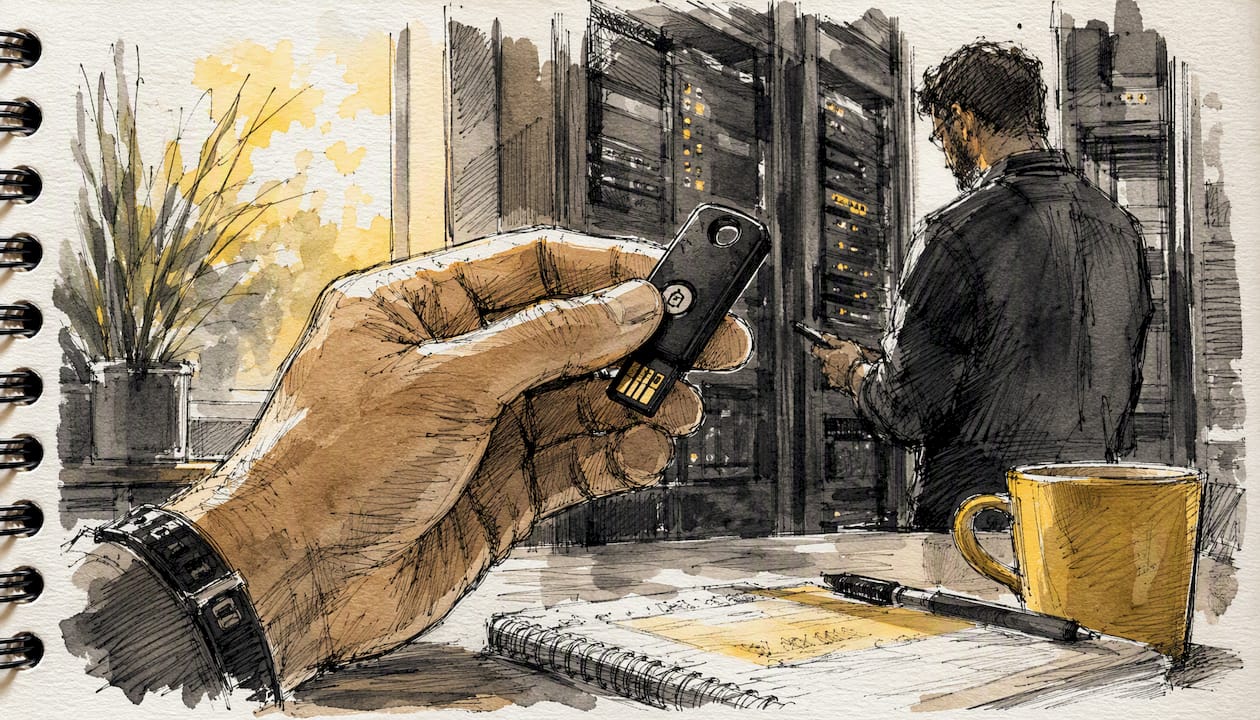 Hand inspecting security token in compliance room