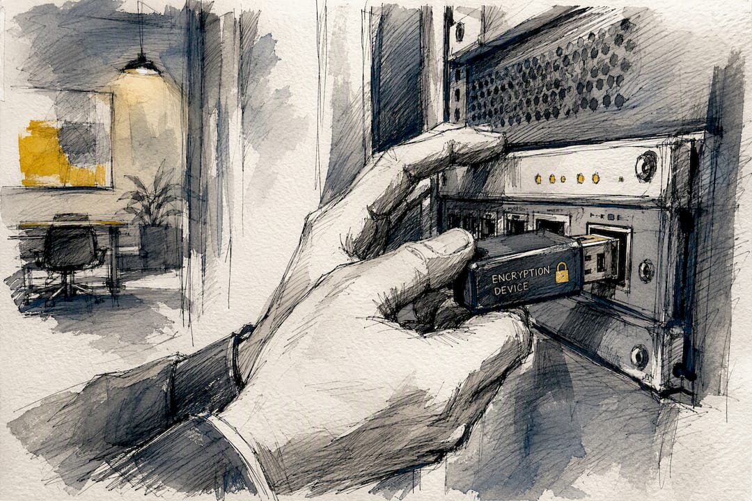Hands connecting encryption device on network port