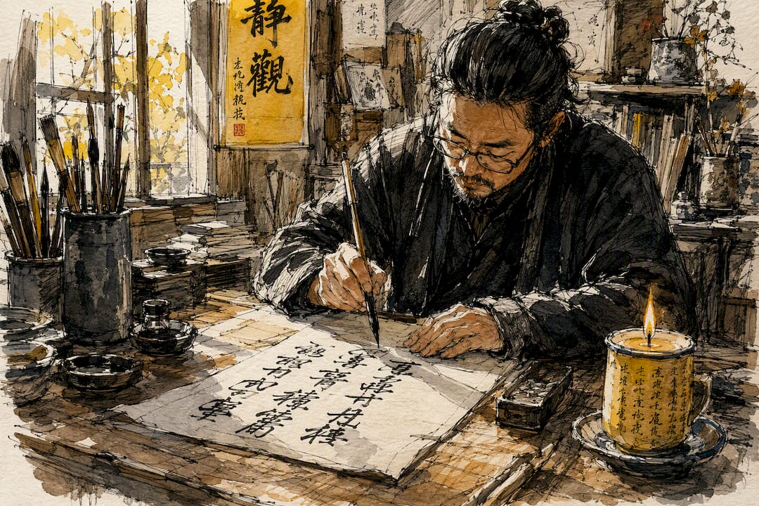 Hand writing Chinese characters with brush