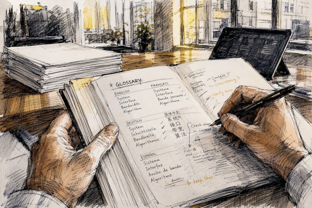 Hands validating technical glossary in sunlight