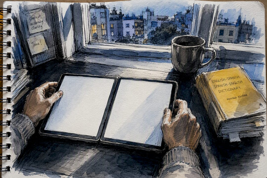 Hands aligning digital tablets for translation work
