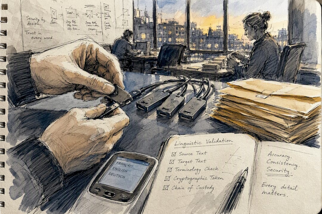 Hands connecting security devices on office desk
