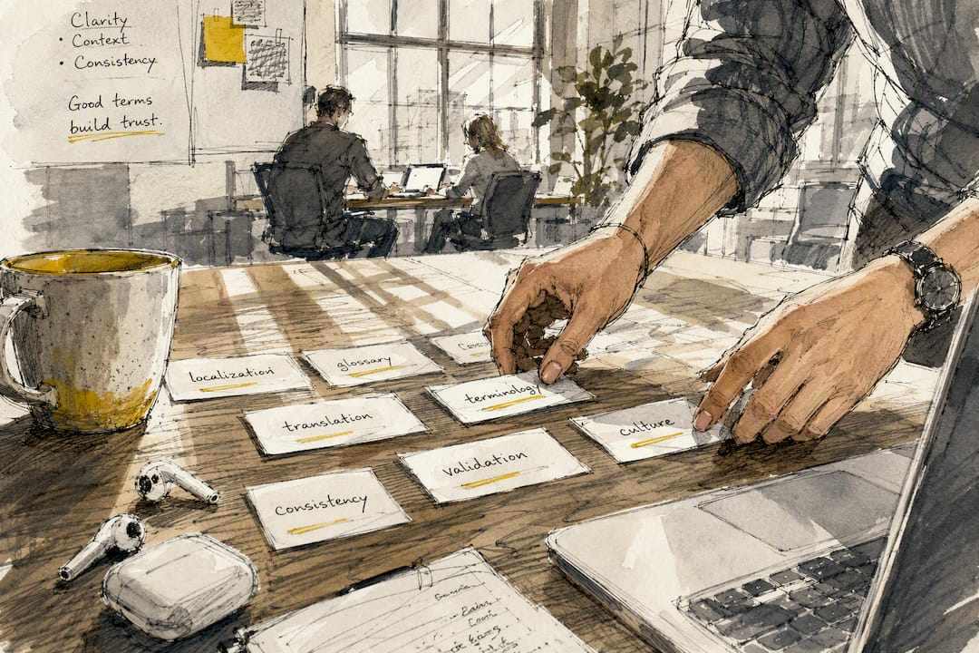 Hands validating terminology cards