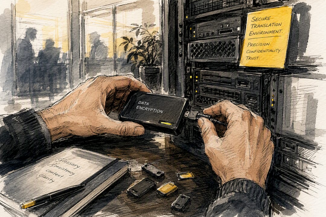 Hands connecting encryption device in secure office