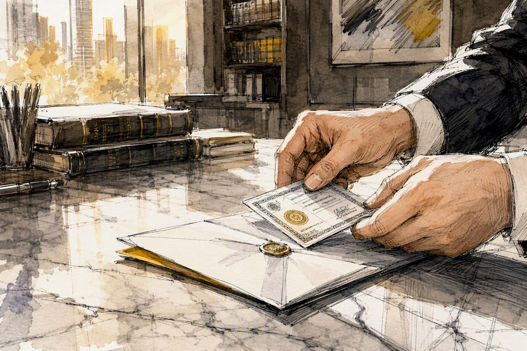 Hands with certification and envelope on desk