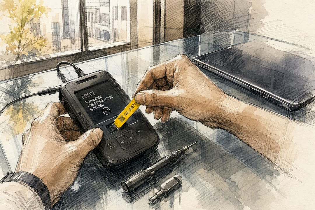 Hands tagging audit device in compliance office