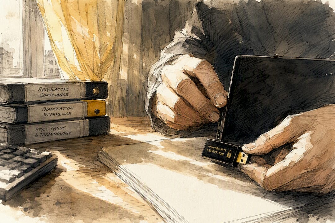 Hands connecting encryption device in compliance office