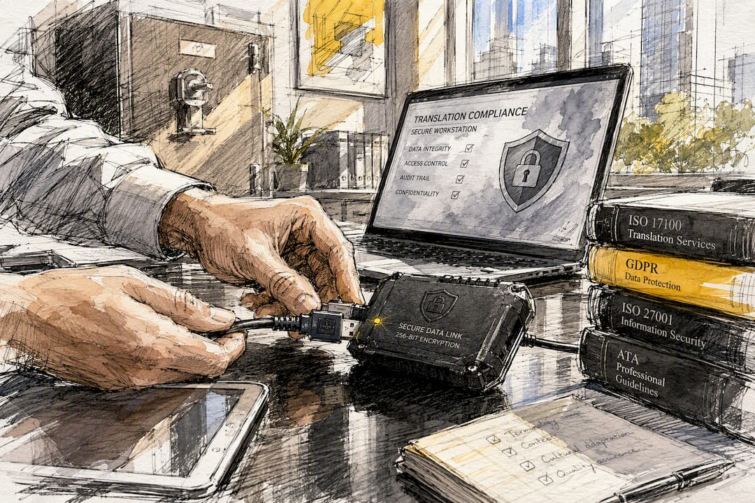Hands connecting encryption device in compliance office