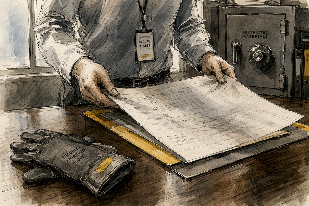 Hands handling secure defense technical drawing