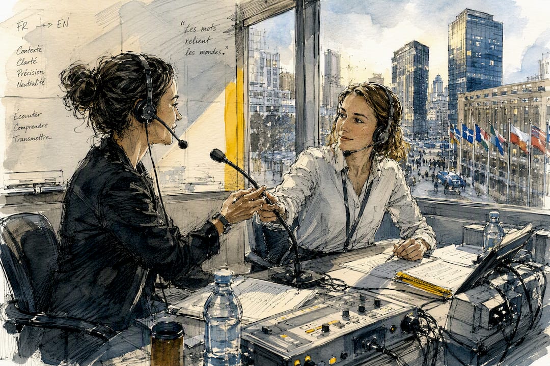 Two interpreters exchanging microphone mid-shift