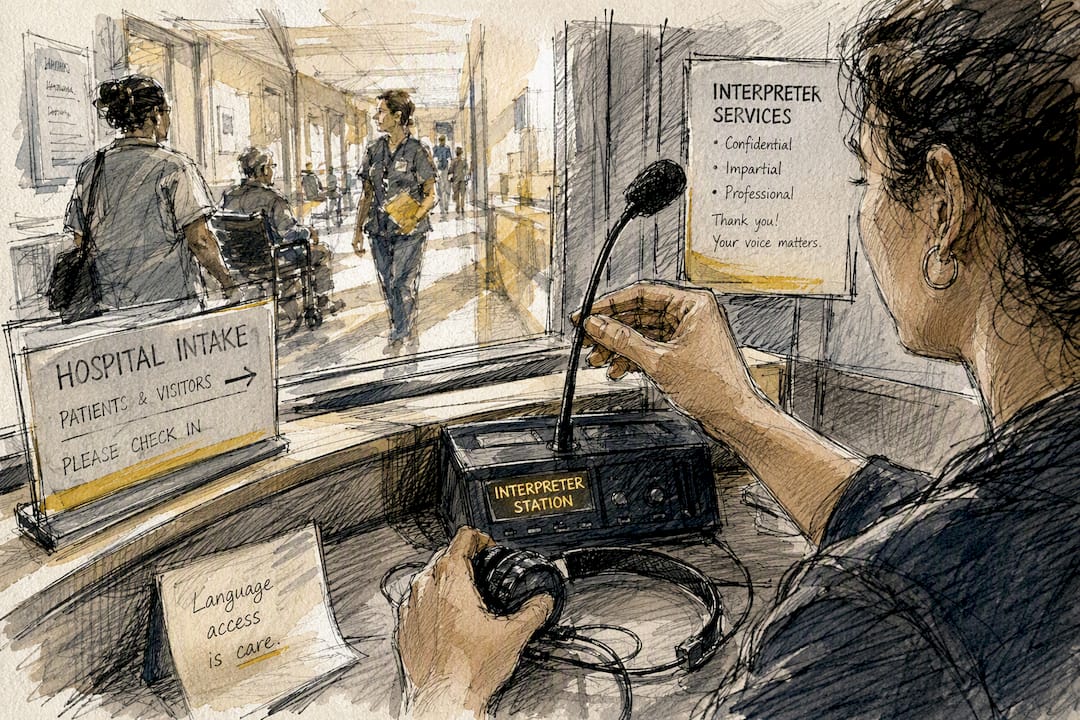 Interpreter setting up equipment at hospital intake desk