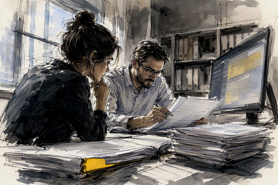 Compliance specialists reviewing translated financial filing data