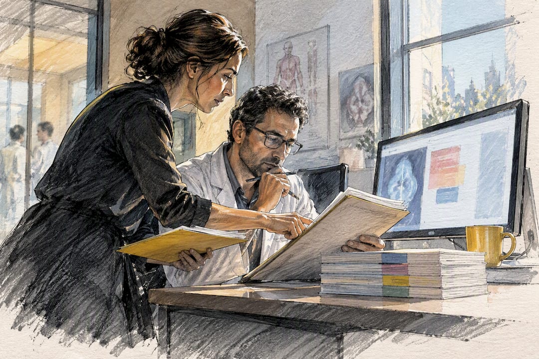 Linguist and QA reviewer checking medical workflow