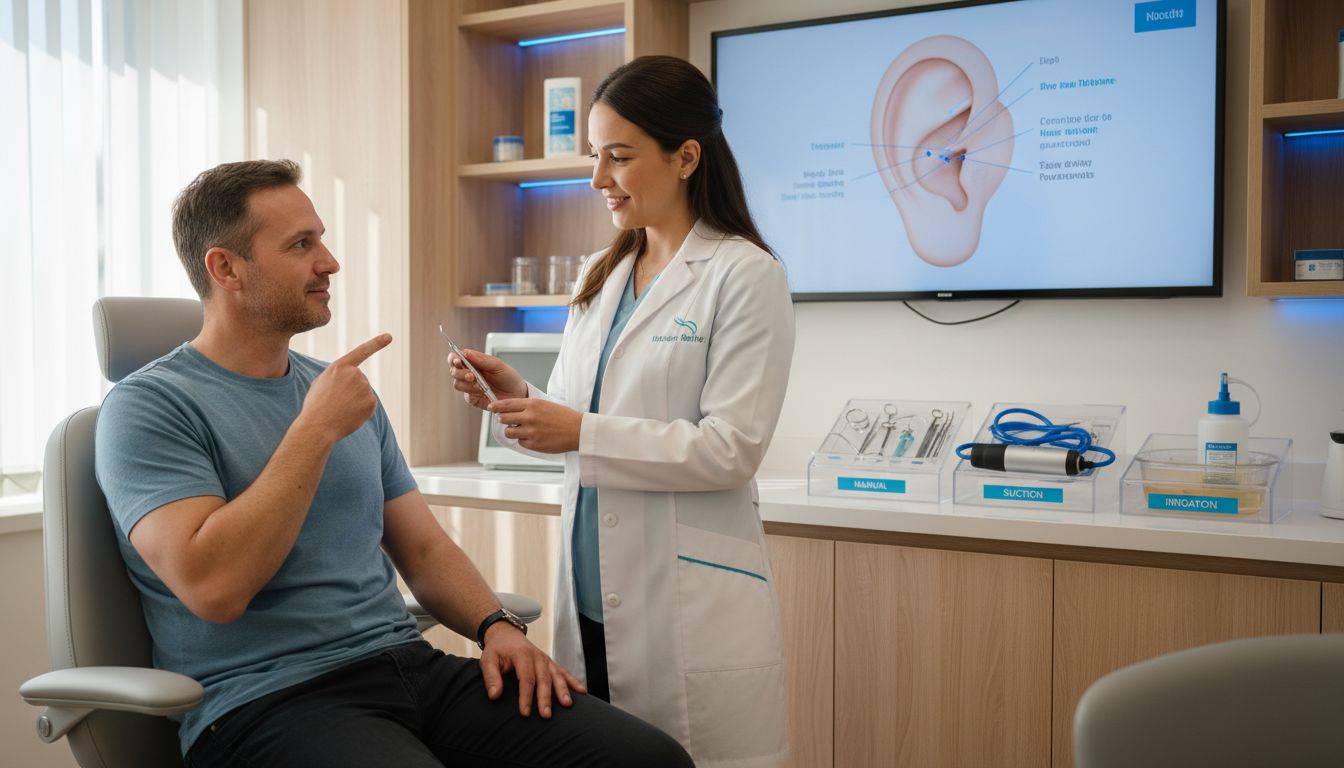 Clinic specialist demonstrates ear wax removal methods