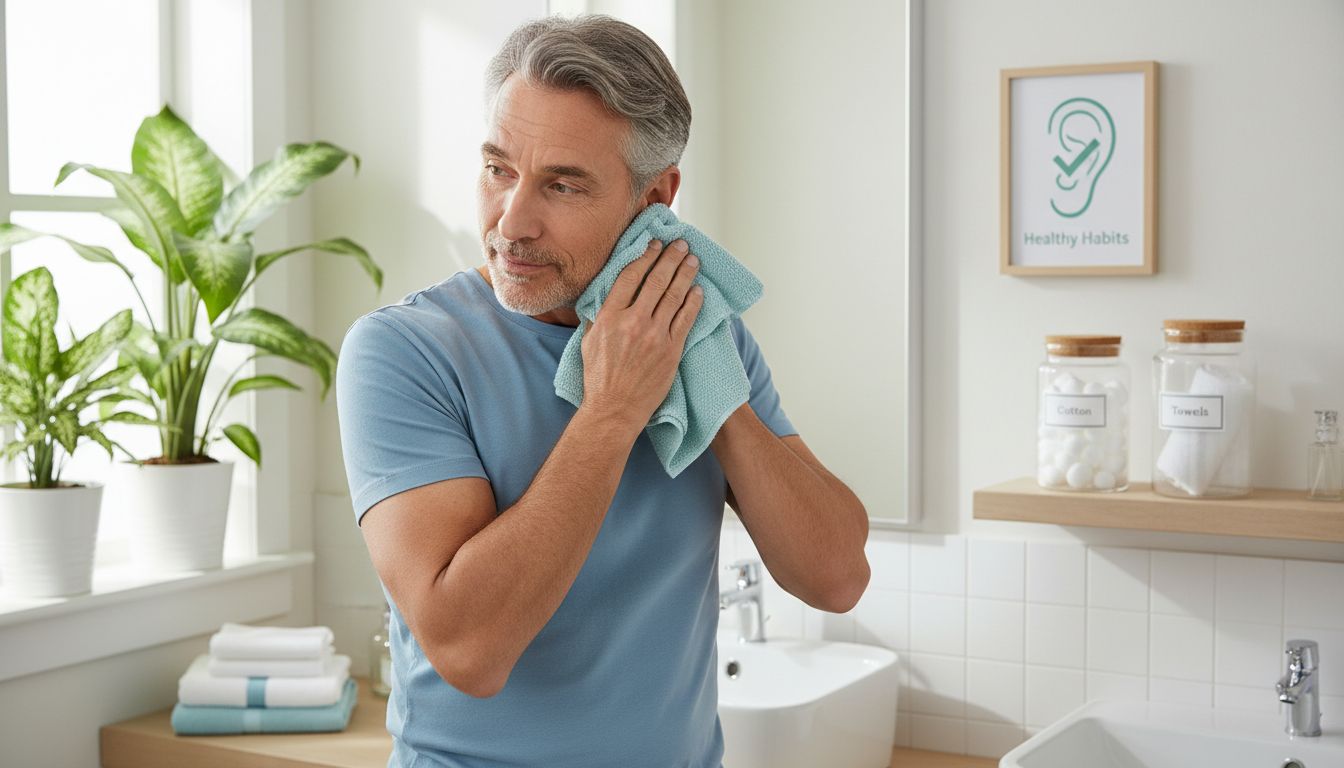 Man gently caring for ear in bathroom