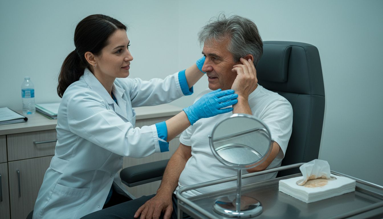 Clinician positions patient for ear procedure