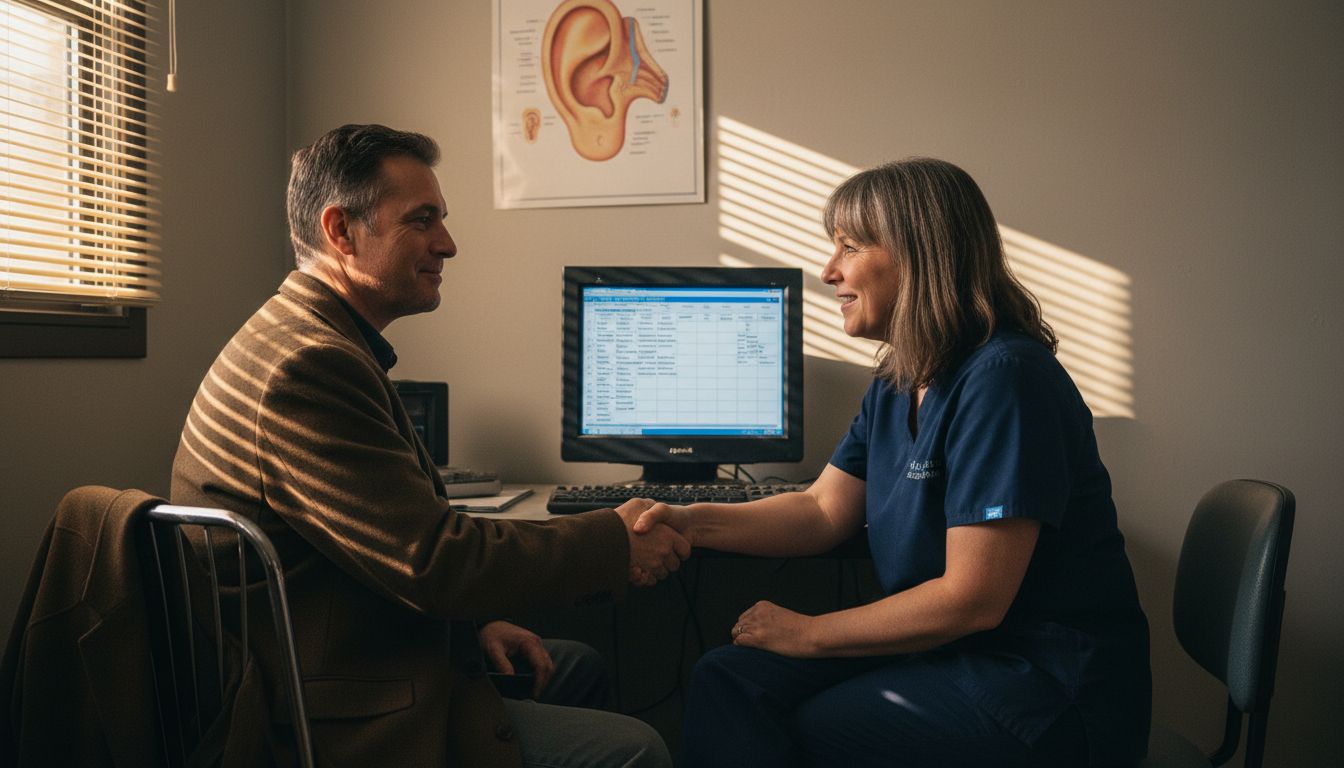 Audiologist greeting patient in ear clinic