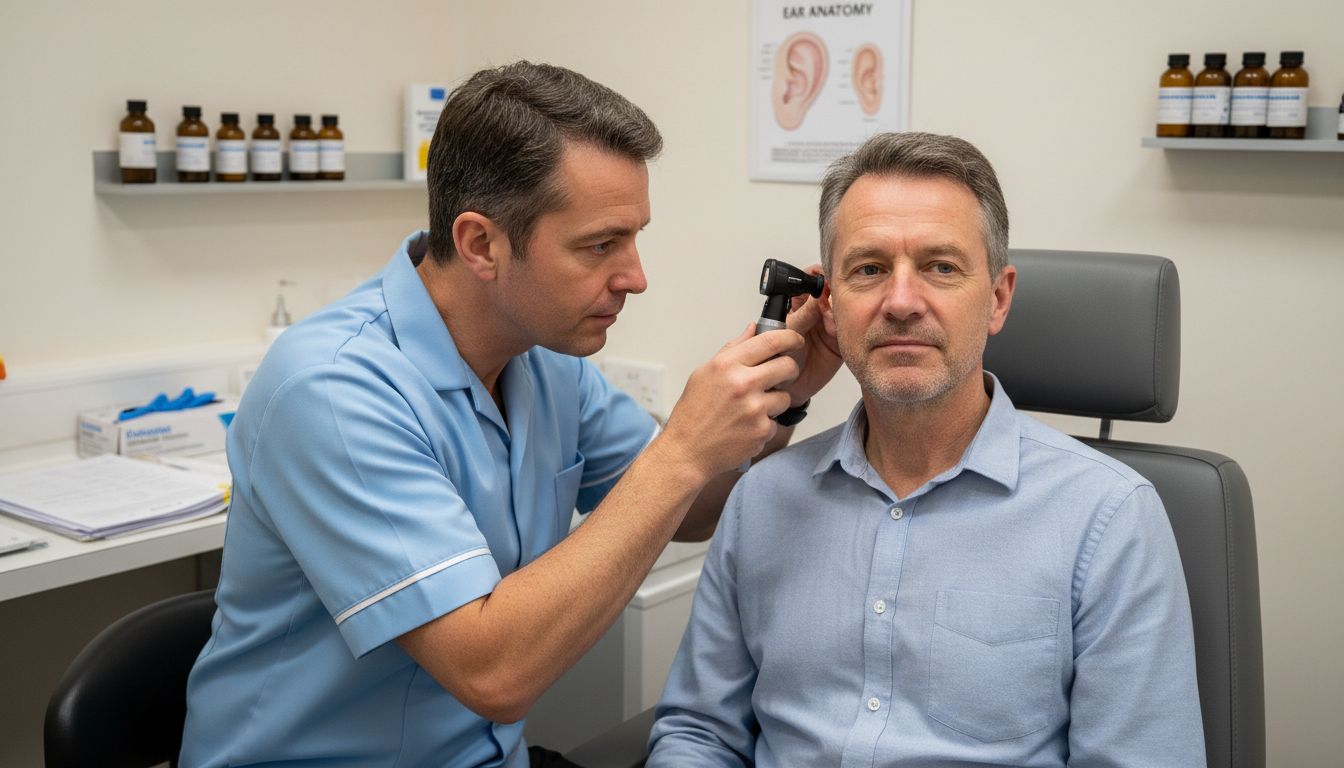 Audiologist examining patient in ear care clinic
