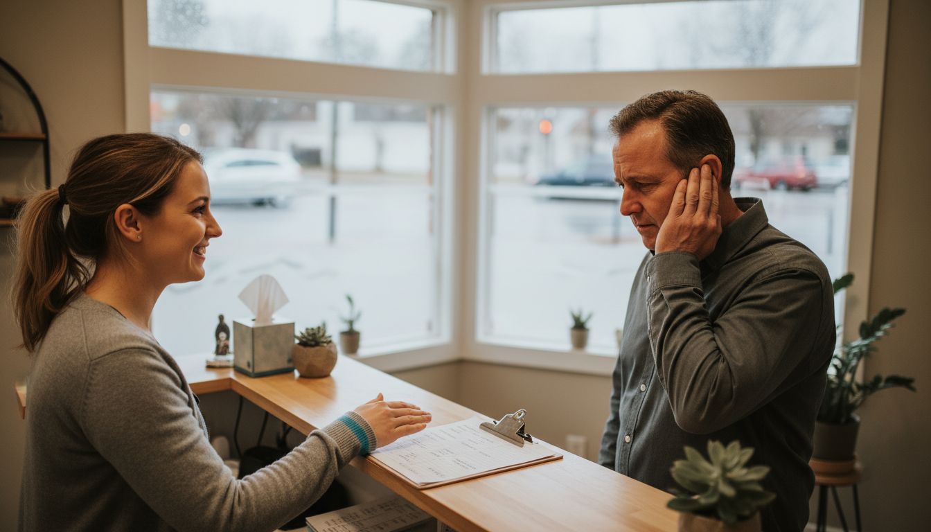 Clinic receptionist welcoming patient in ear care clinic