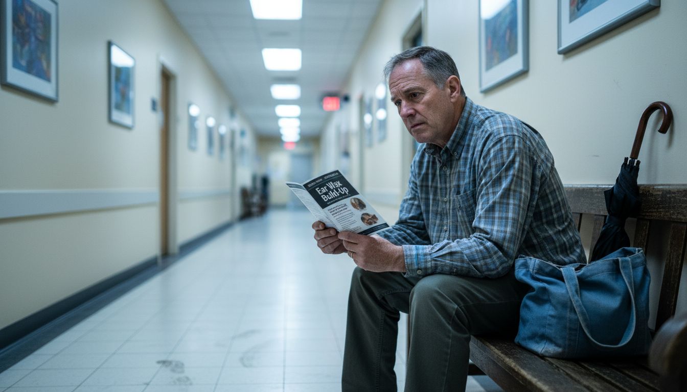 Patient reading ear wax leaflet in hallway
