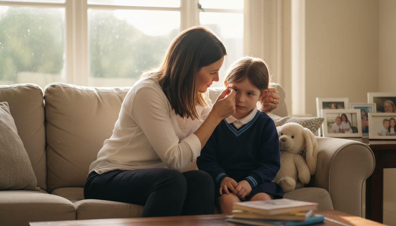 Parent checking child's ear health at home