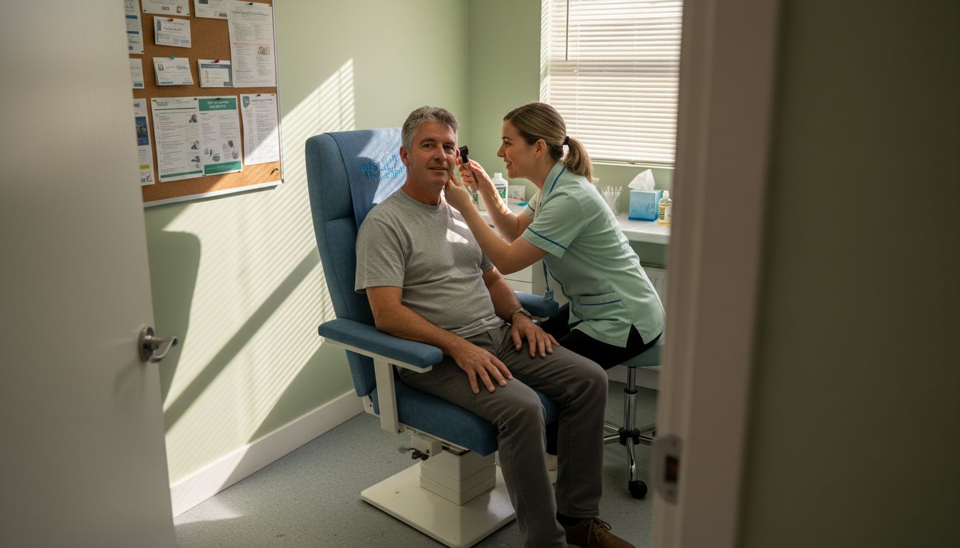 Ear wax removal in clinic with patient and audiologist