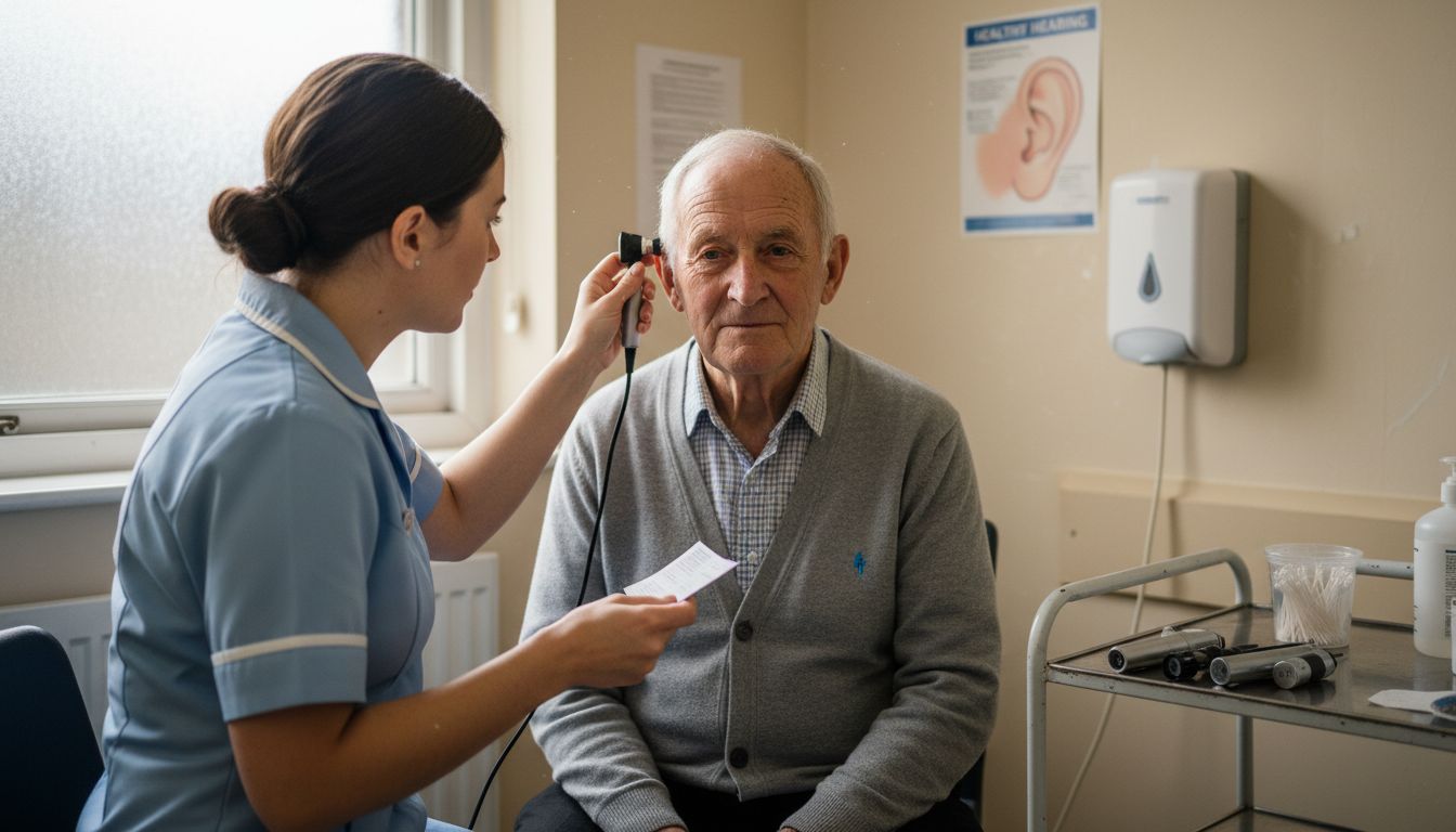 Nurse examines elderly man's ear in clinic